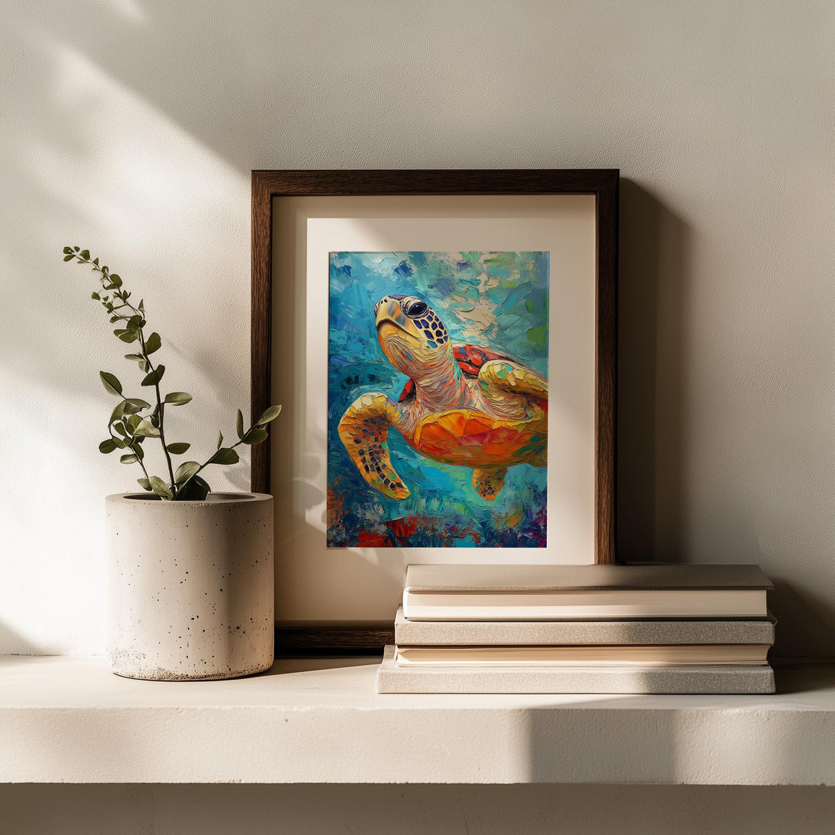 Golden Sea Turtle animal art print shown in a room setting