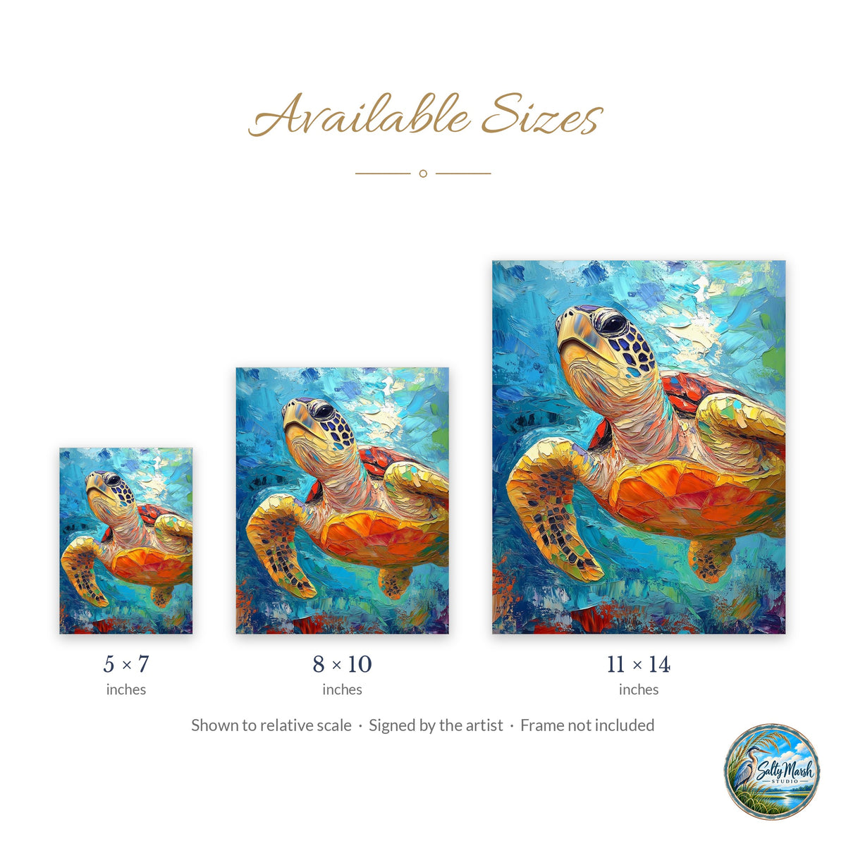 Golden Sea Turtle art print size guide: 5x7, 8x10 and 11x14