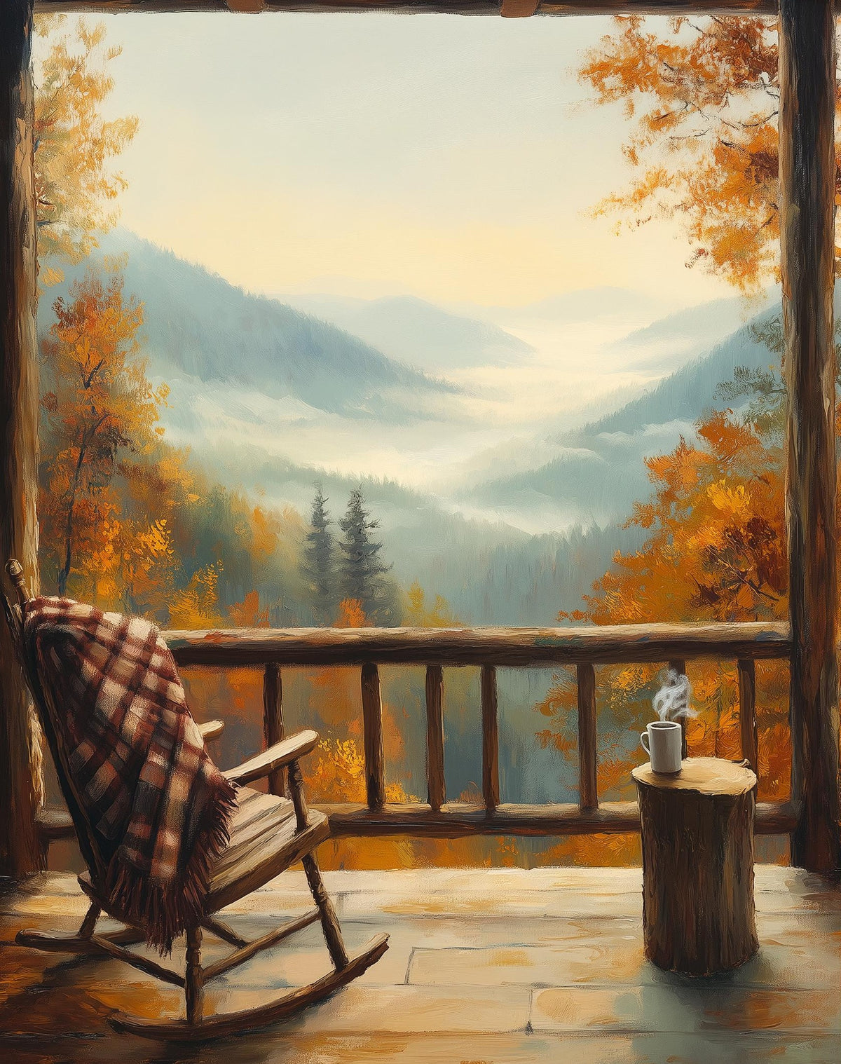 Autumn Porch View fall art print unframed, signed by Pattie Overcash