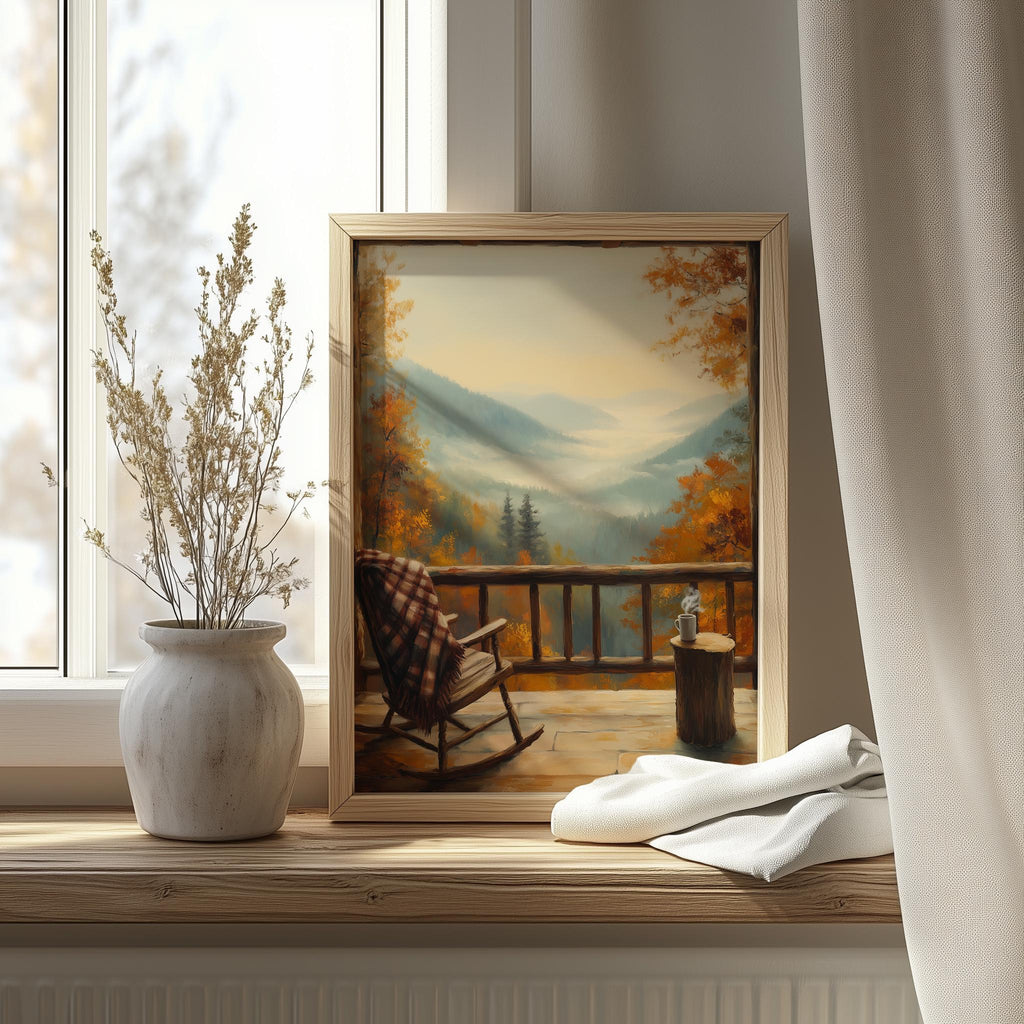 Autumn Porch View fall art print shown in a room setting