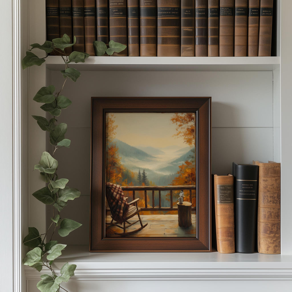 Autumn Porch View fall art print shown in a room setting