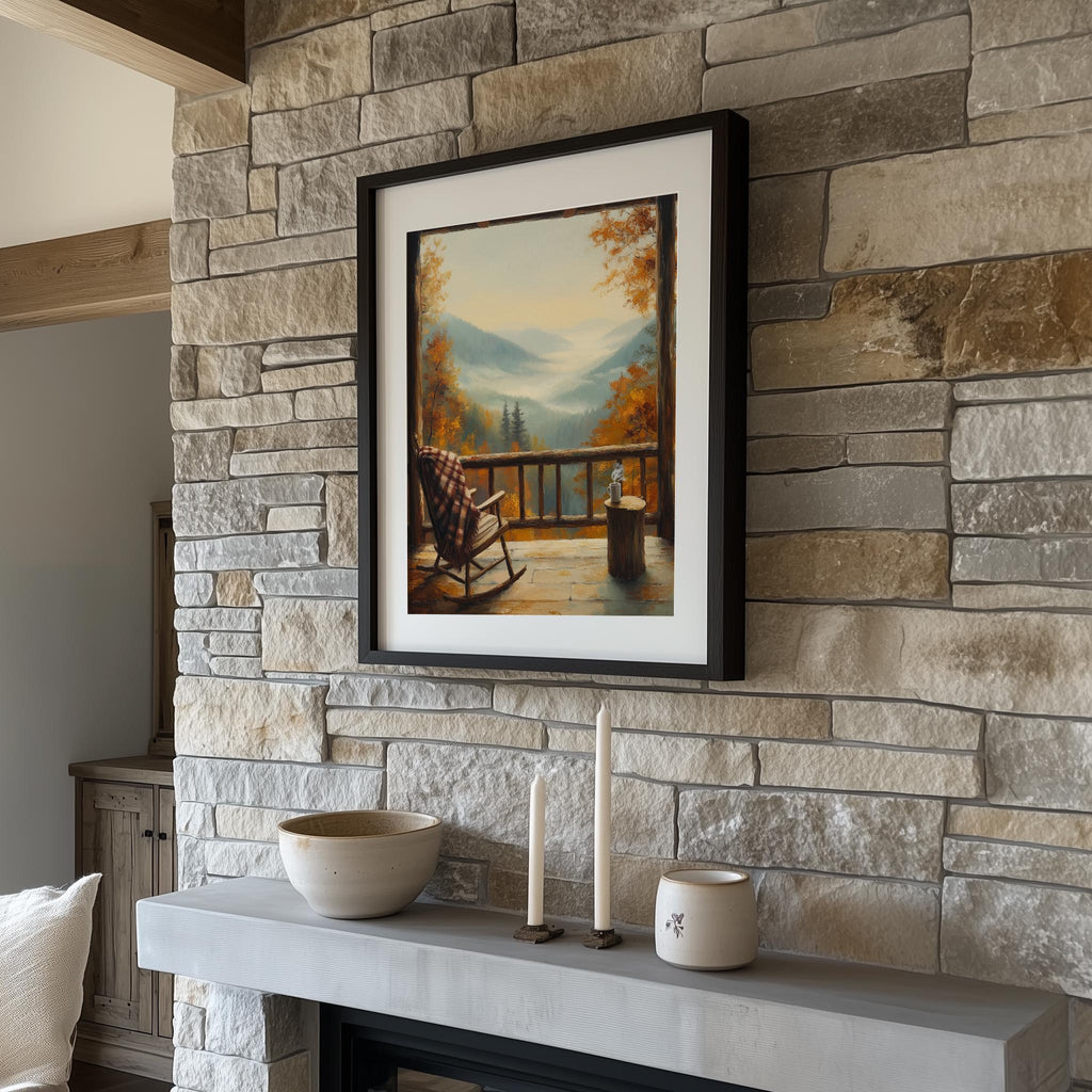 Autumn Porch View fall art print shown in a room setting