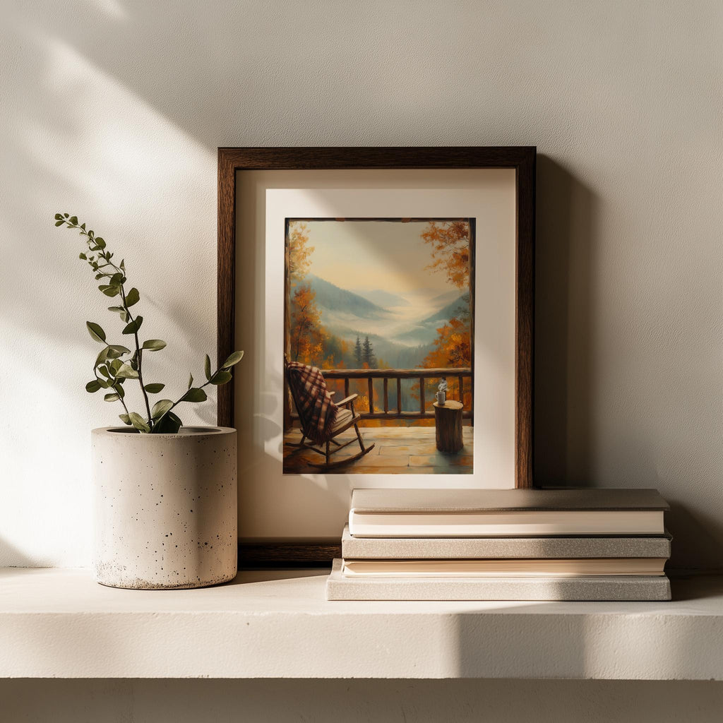 Autumn Porch View fall art print shown in a room setting