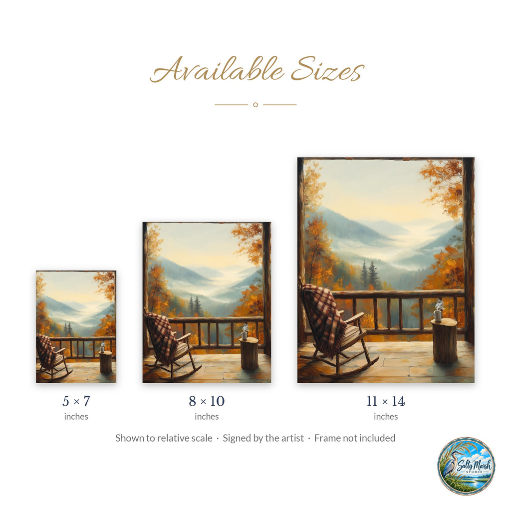 Autumn Porch View art print size guide: 5x7, 8x10 and 11x14