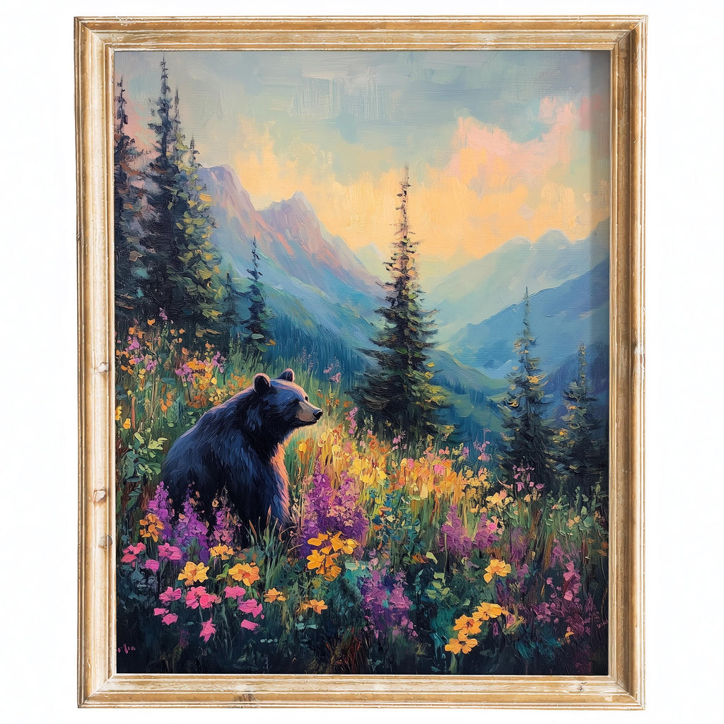 Bear Wildflowers animal art print framed