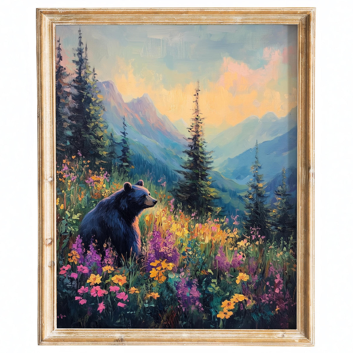 Bear Wildflowers animal art print framed