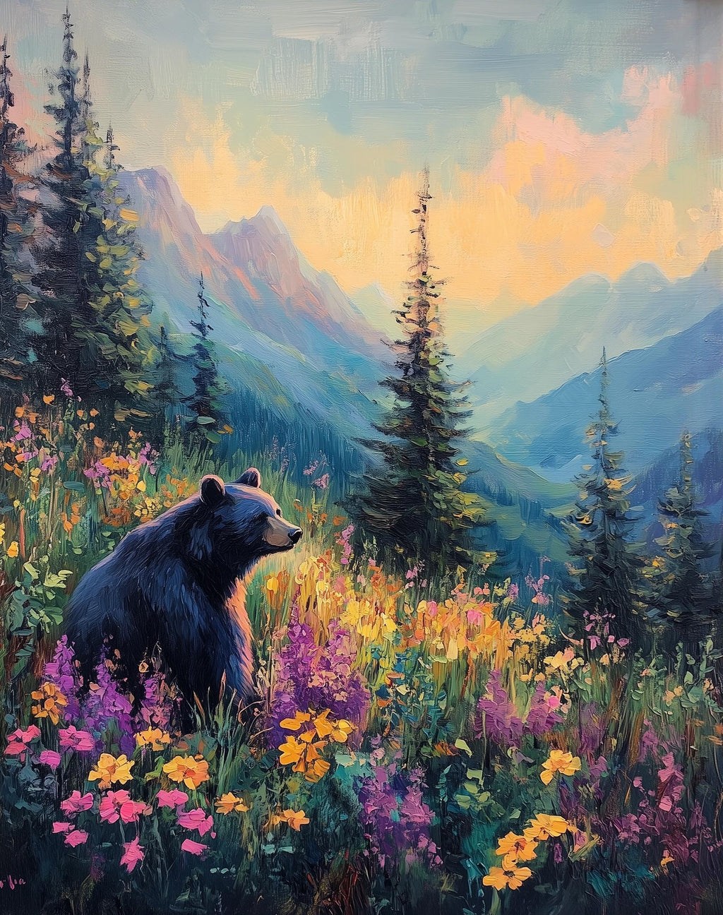 Bear Wildflowers animal art print unframed, signed by Pattie Overcash