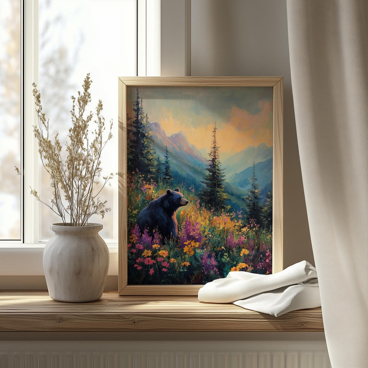 Bear Wildflowers animal art print shown in a room setting