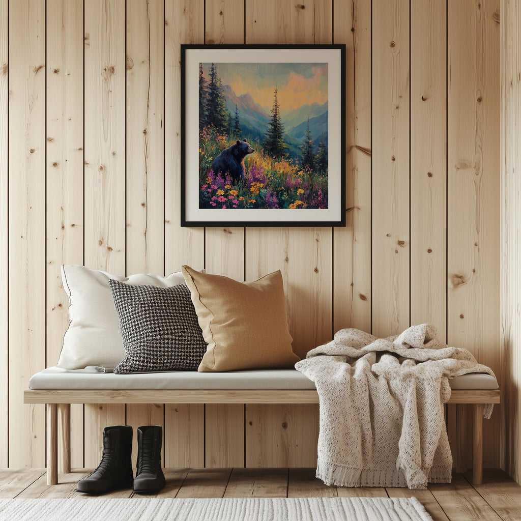 Bear Wildflowers animal art print shown in a room setting