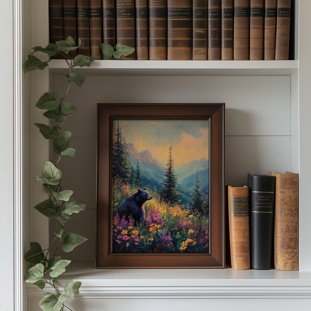 Bear Wildflowers animal art print shown in a room setting