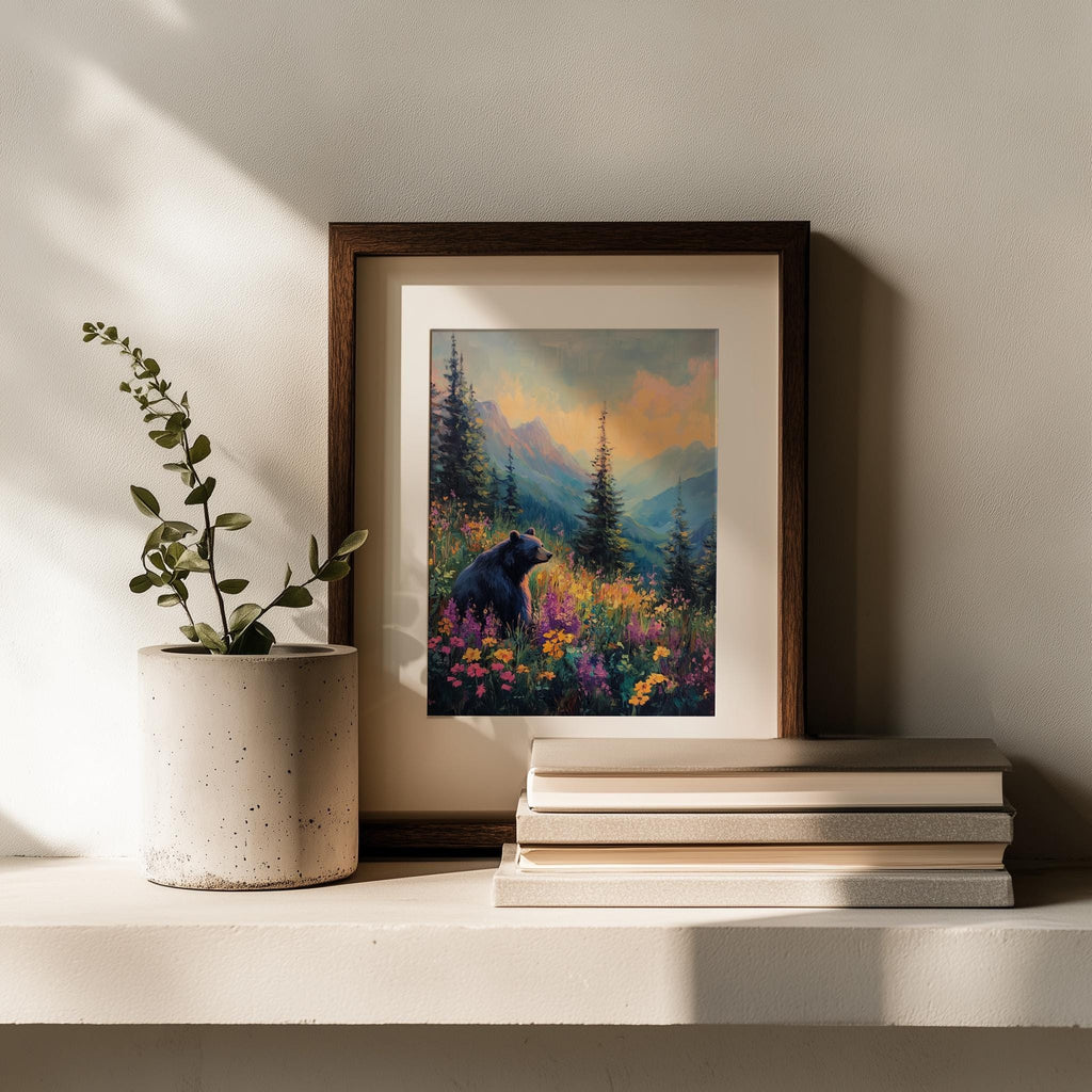 Bear Wildflowers animal art print shown in a room setting