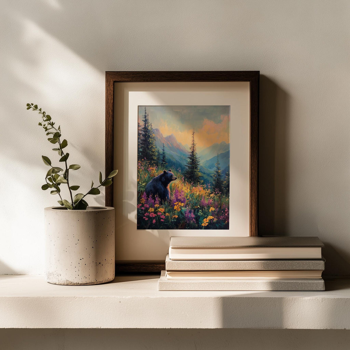 Bear Wildflowers animal art print shown in a room setting