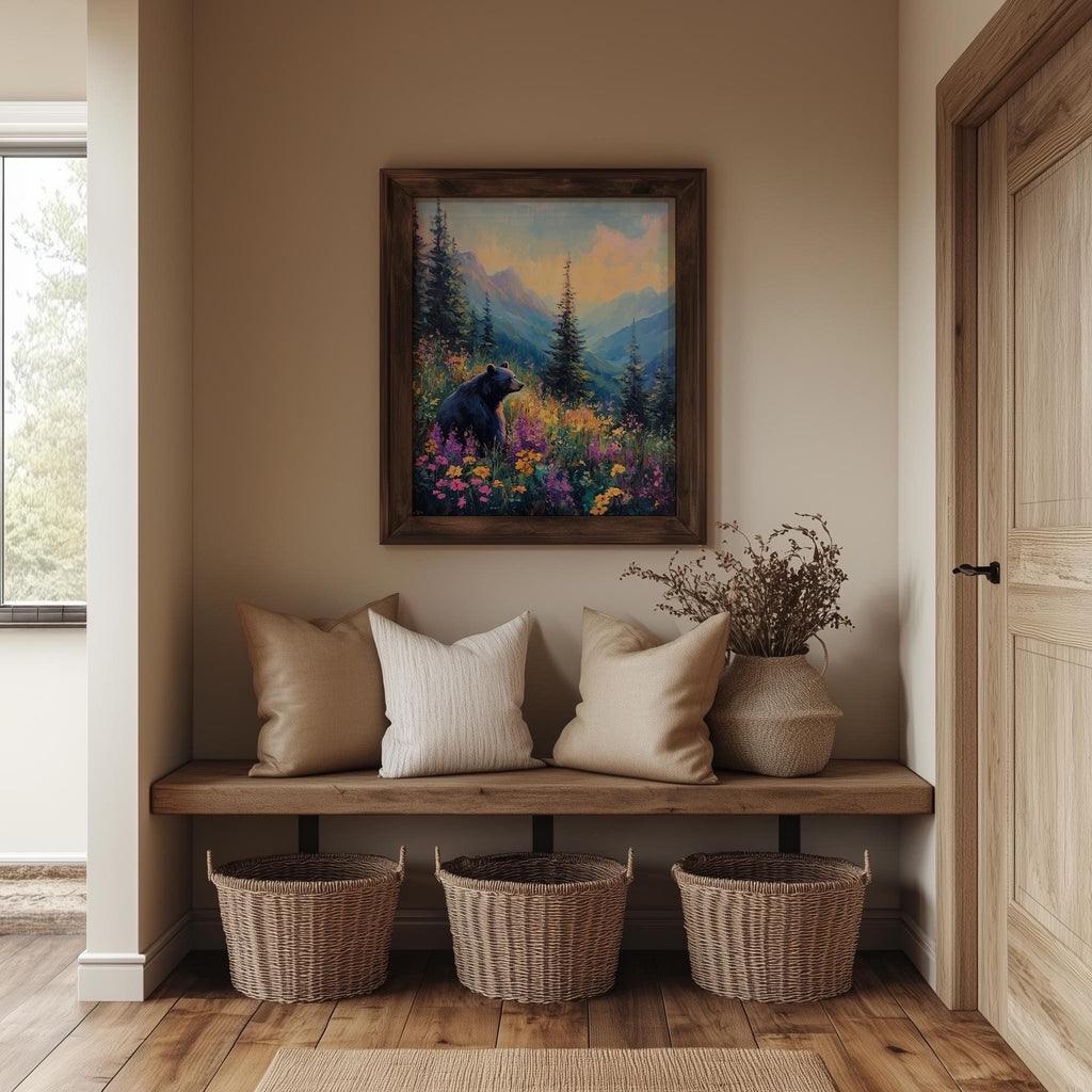 Bear Wildflowers animal art print shown in a room setting