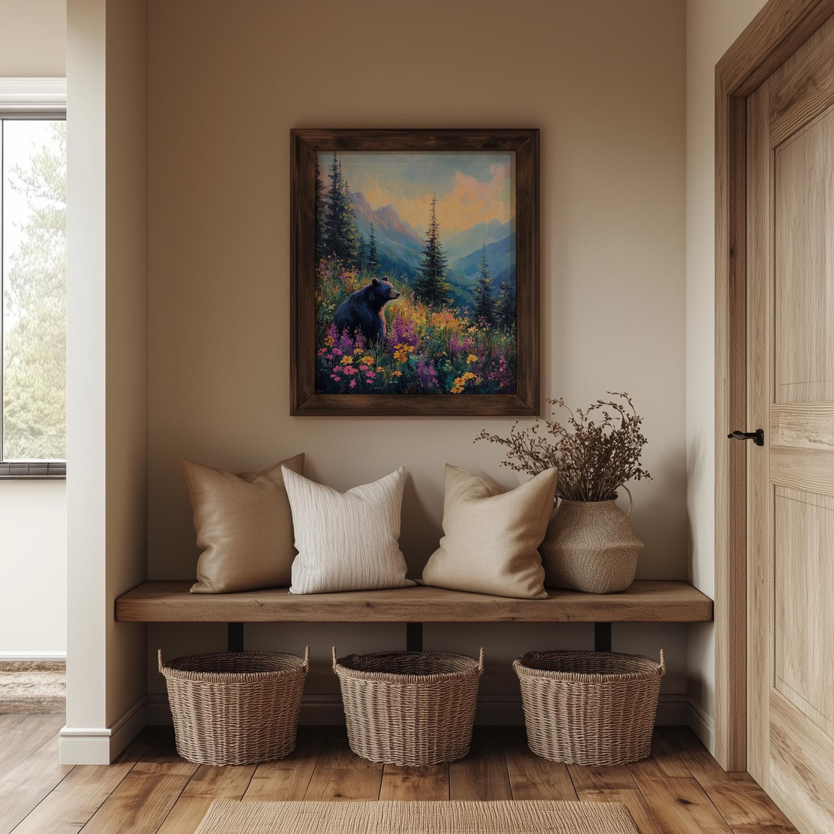 Bear Wildflowers animal art print shown in a room setting