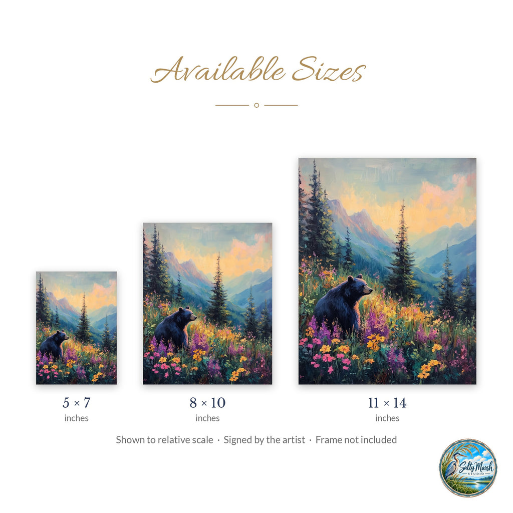 Bear Wildflowers art print size guide: 5x7, 8x10 and 11x14