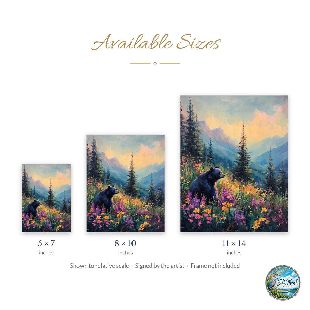 Bear Wildflowers art print size guide: 5x7, 8x10 and 11x14
