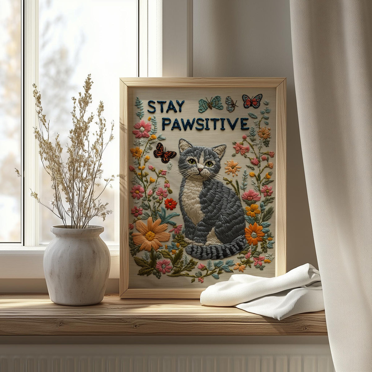Stay Pawsitive Cat animal art print shown in a room setting