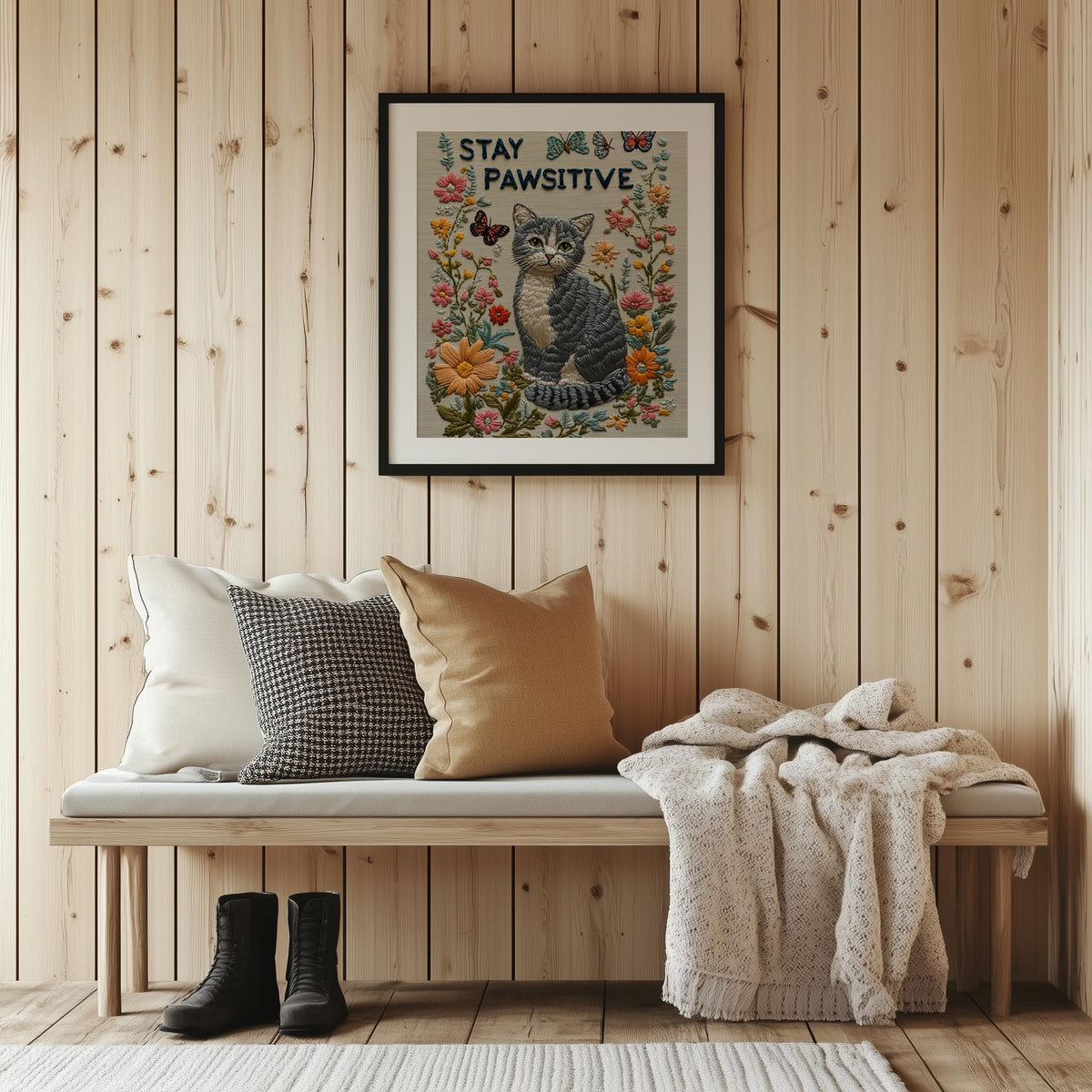 Stay Pawsitive Cat animal art print shown in a room setting