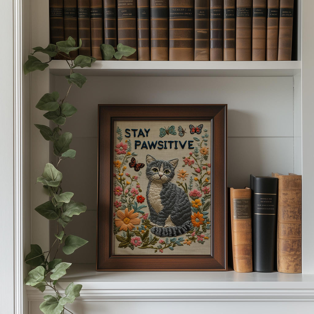 Stay Pawsitive Cat animal art print shown in a room setting