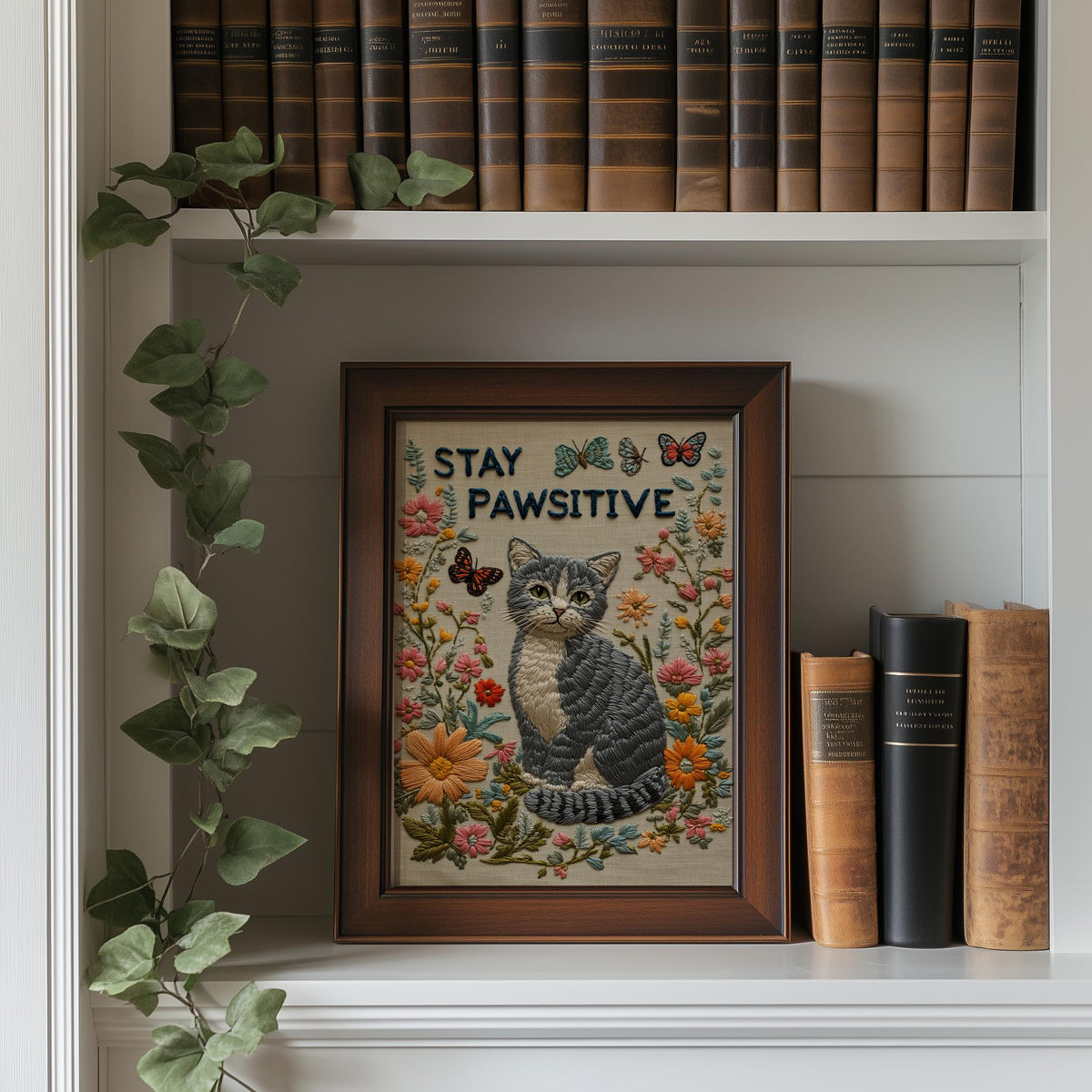 Stay Pawsitive Cat animal art print shown in a room setting