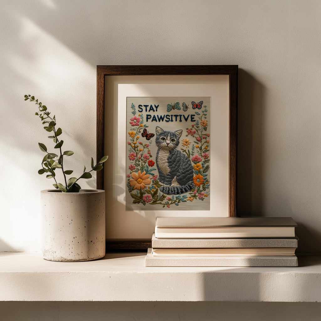 Stay Pawsitive Cat animal art print shown in a room setting