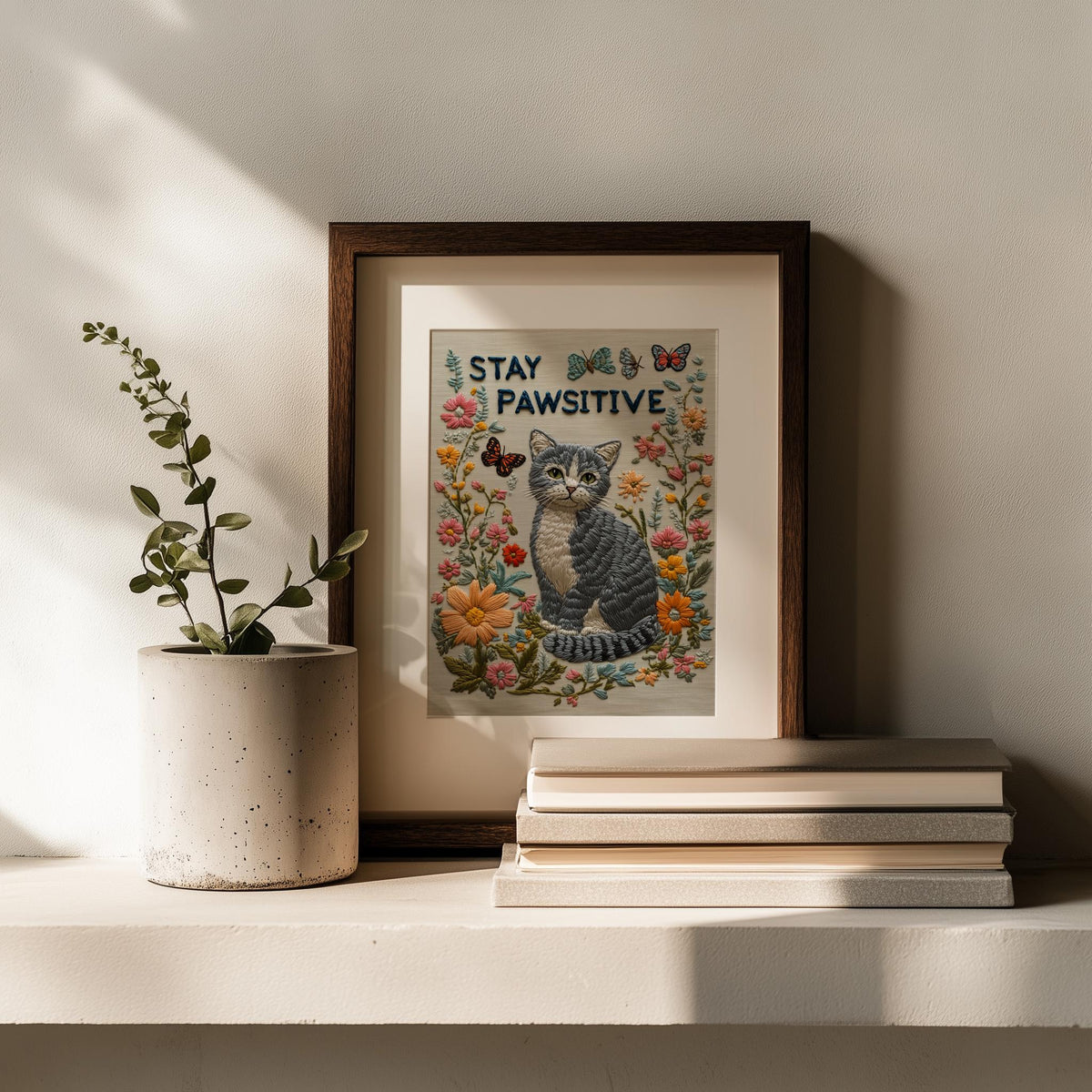 Stay Pawsitive Cat animal art print shown in a room setting