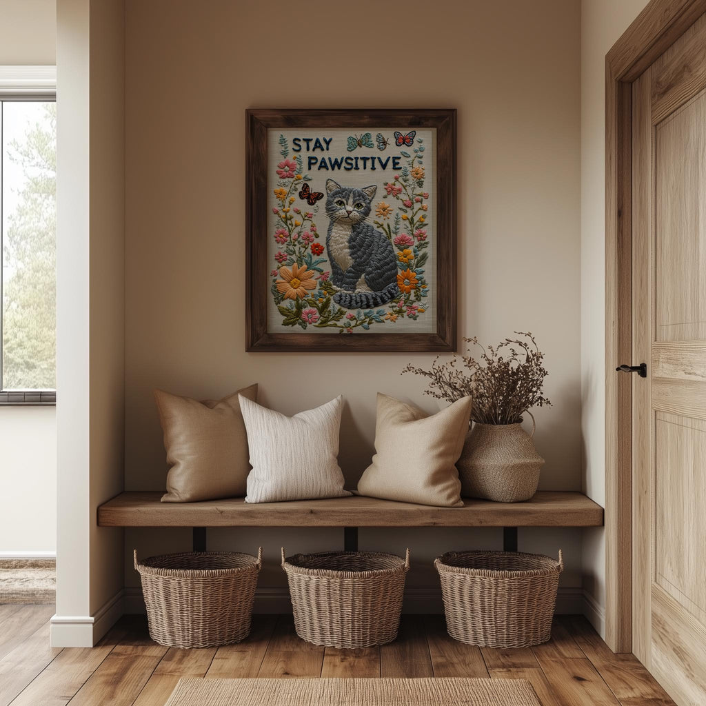 Stay Pawsitive Cat animal art print shown in a room setting
