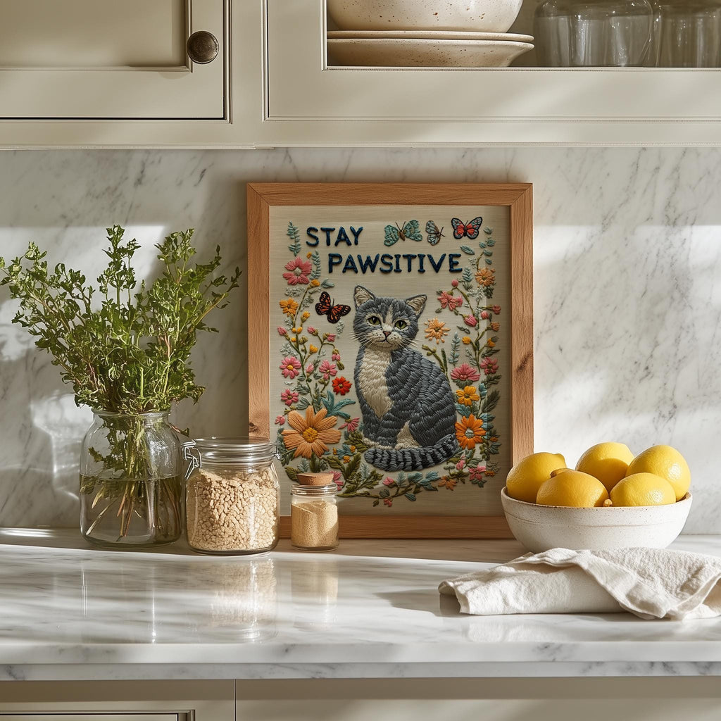 Stay Pawsitive Cat animal art print shown in a room setting