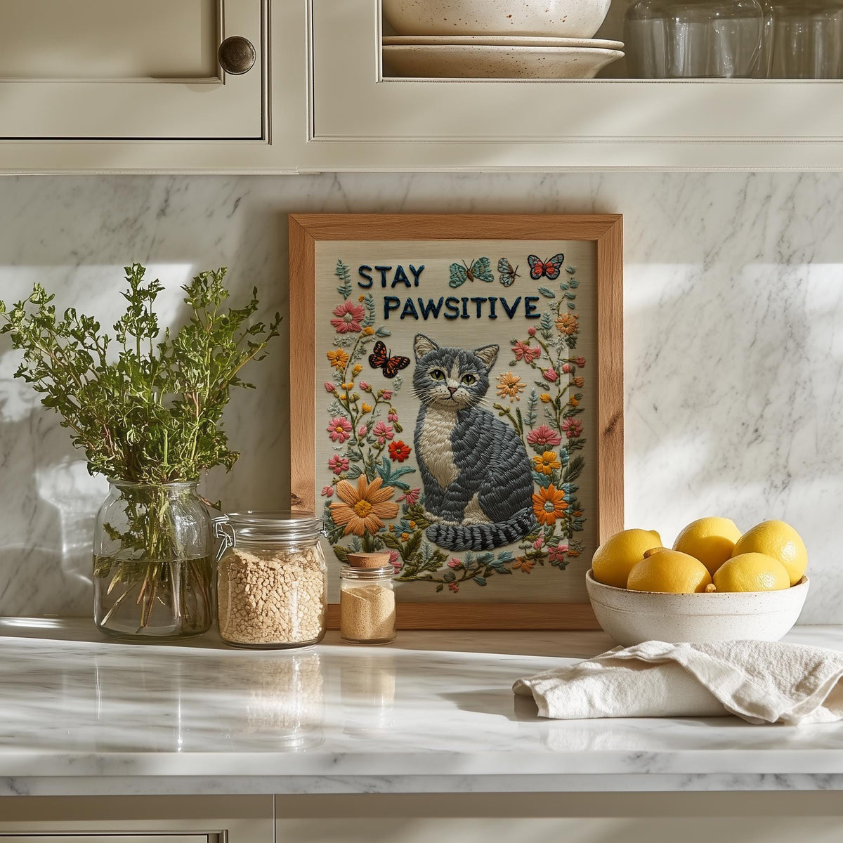 Stay Pawsitive Cat animal art print shown in a room setting