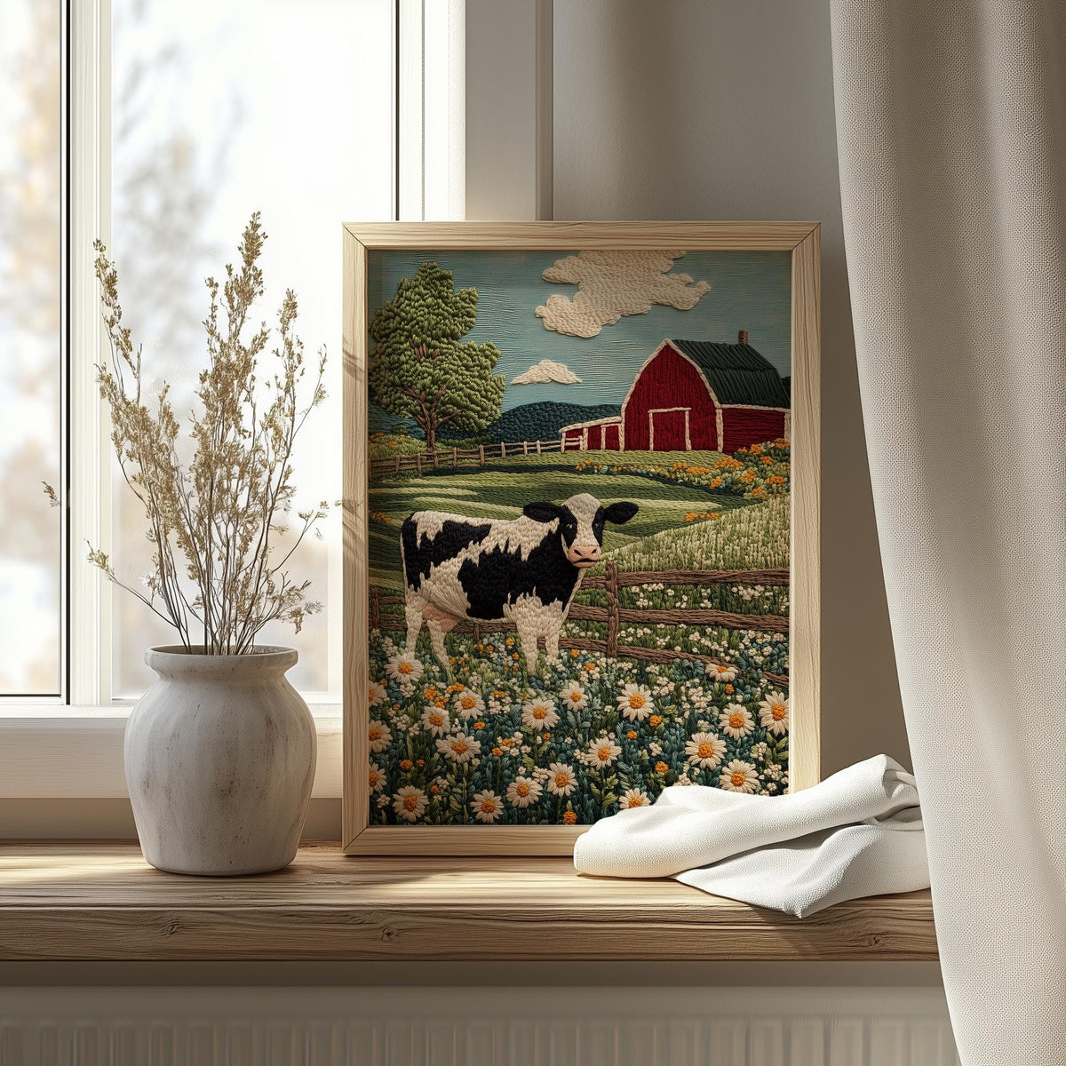 Cow Wildflowers animal art print shown in a room setting