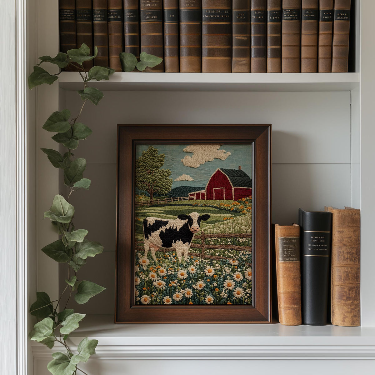 Cow Wildflowers animal art print shown in a room setting