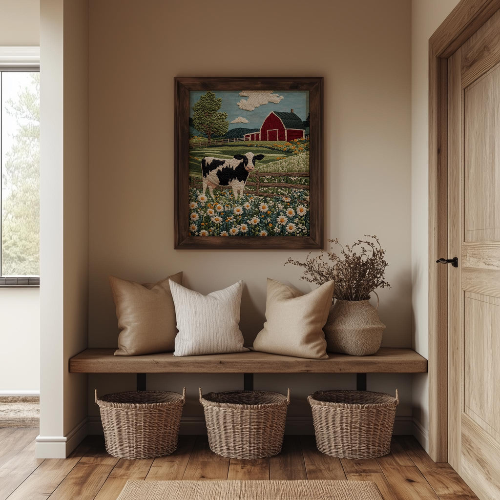 Cow Wildflowers animal art print shown in a room setting