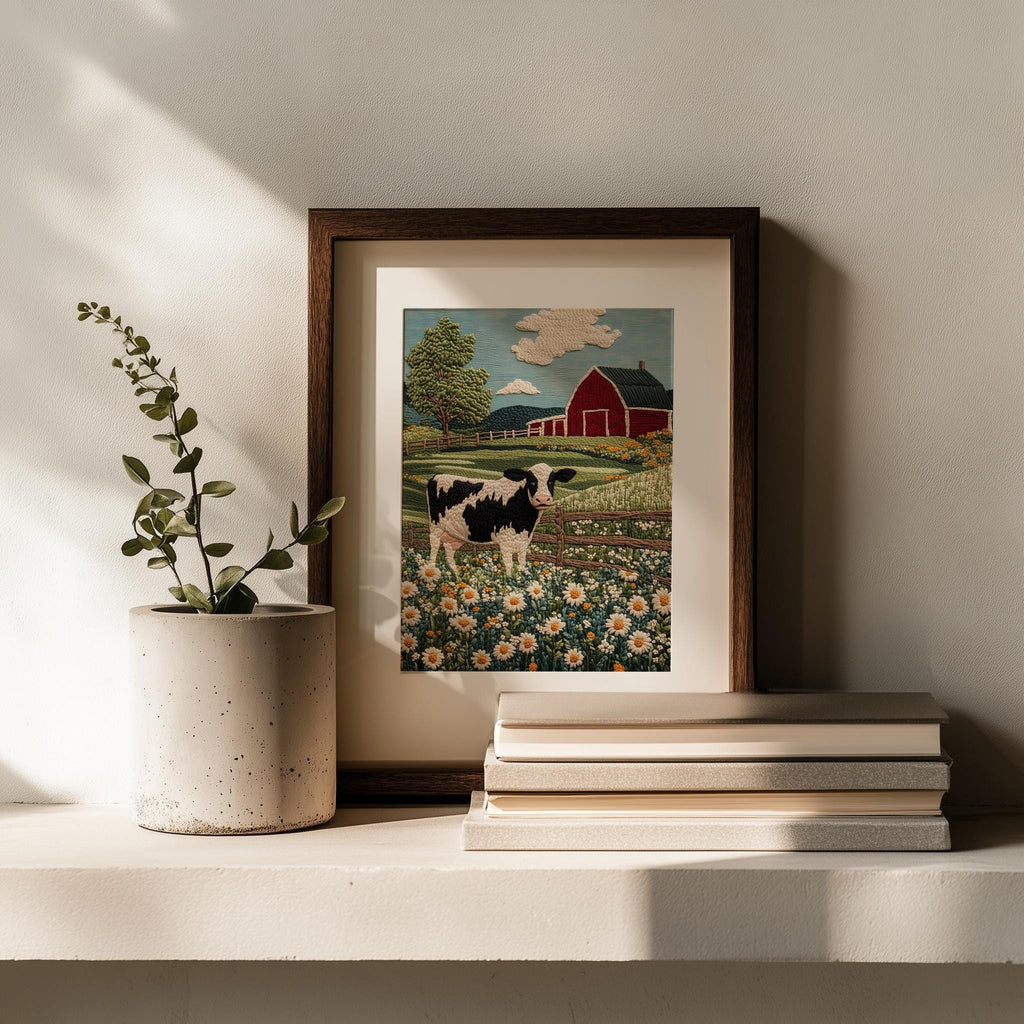 Cow Wildflowers animal art print shown in a room setting