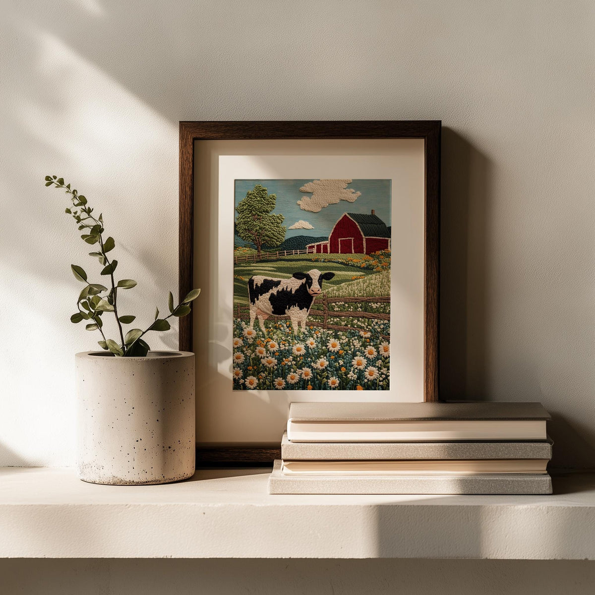 Cow Wildflowers animal art print shown in a room setting