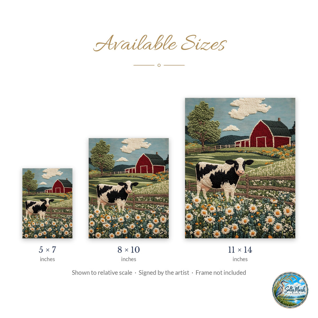 Cow Wildflowers art print size guide: 5x7, 8x10 and 11x14
