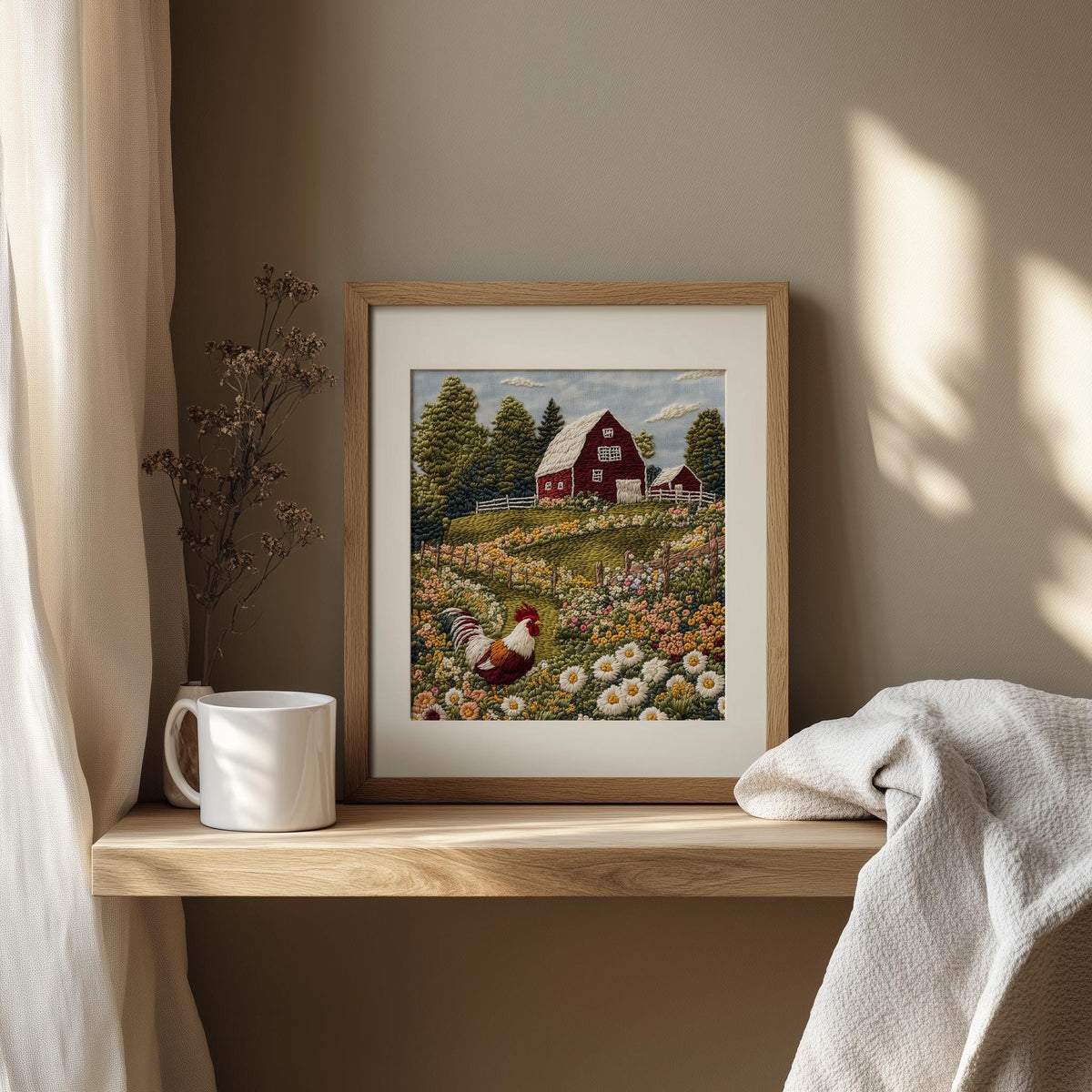 Rooster Farm animal art print shown in a room setting