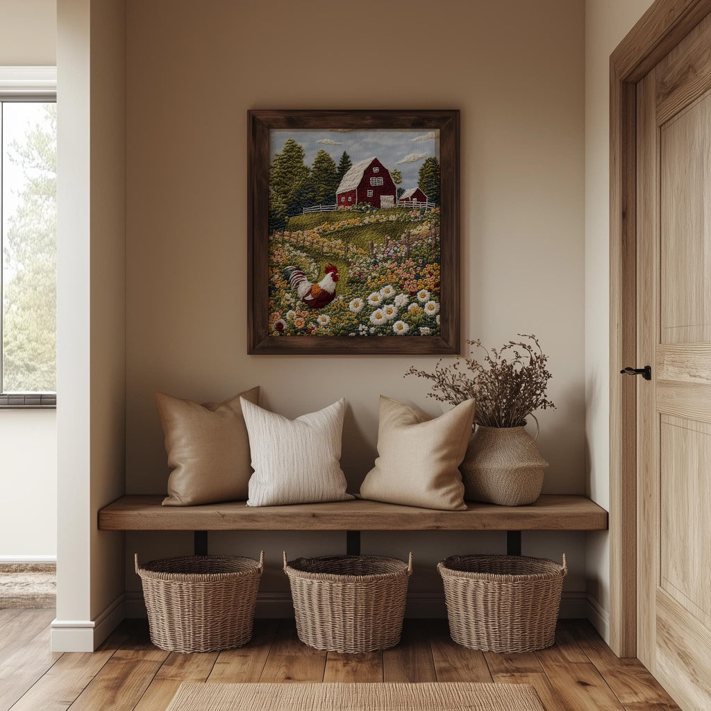Rooster Farm animal art print shown in a room setting