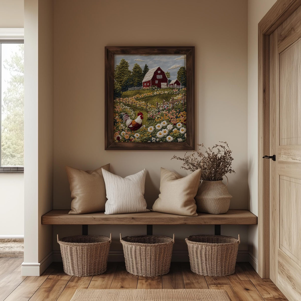 Rooster Farm animal art print shown in a room setting