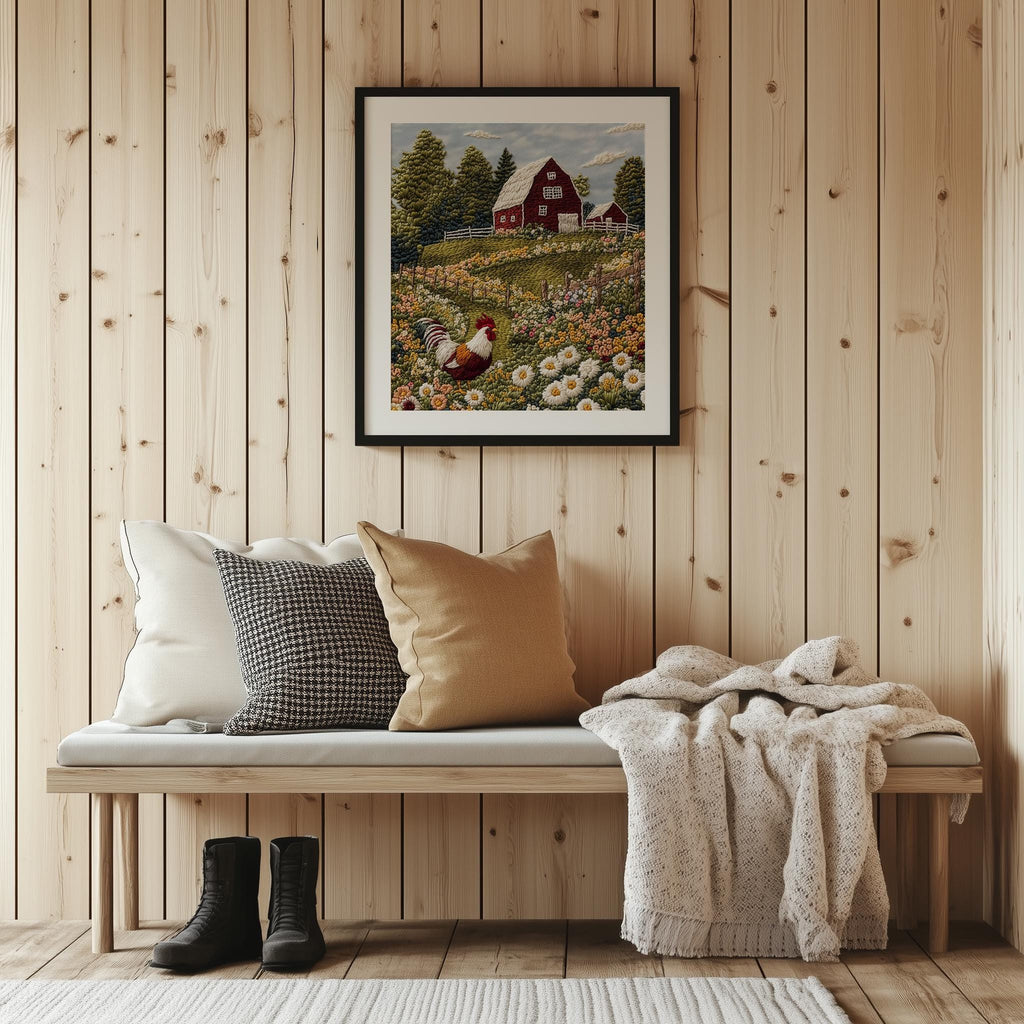 Rooster Farm animal art print shown in a room setting