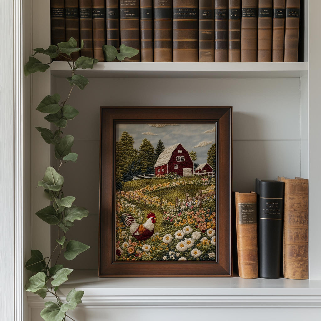 Rooster Farm animal art print shown in a room setting