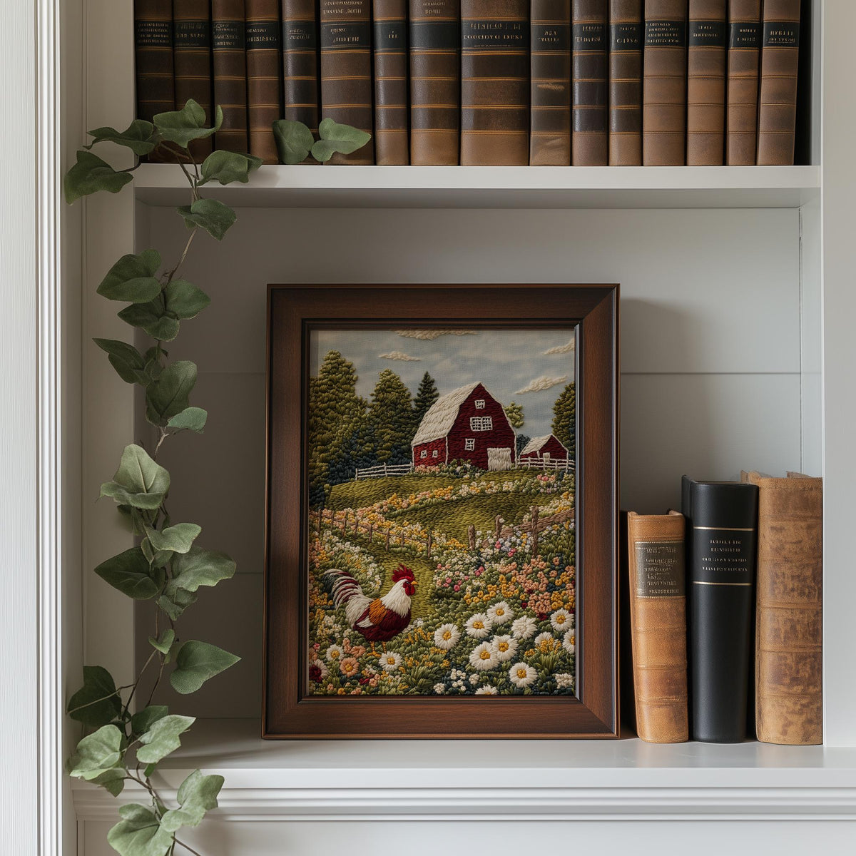 Rooster Farm animal art print shown in a room setting