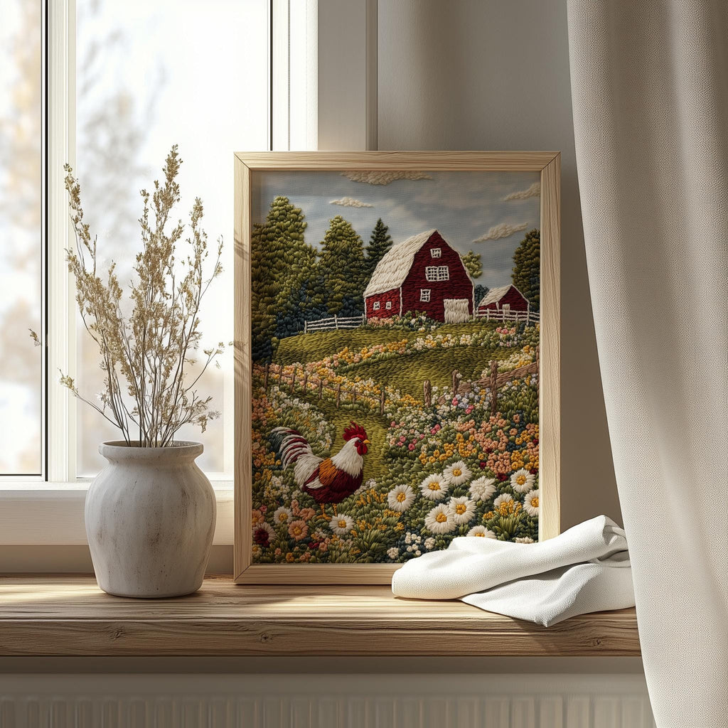 Rooster Farm animal art print shown in a room setting