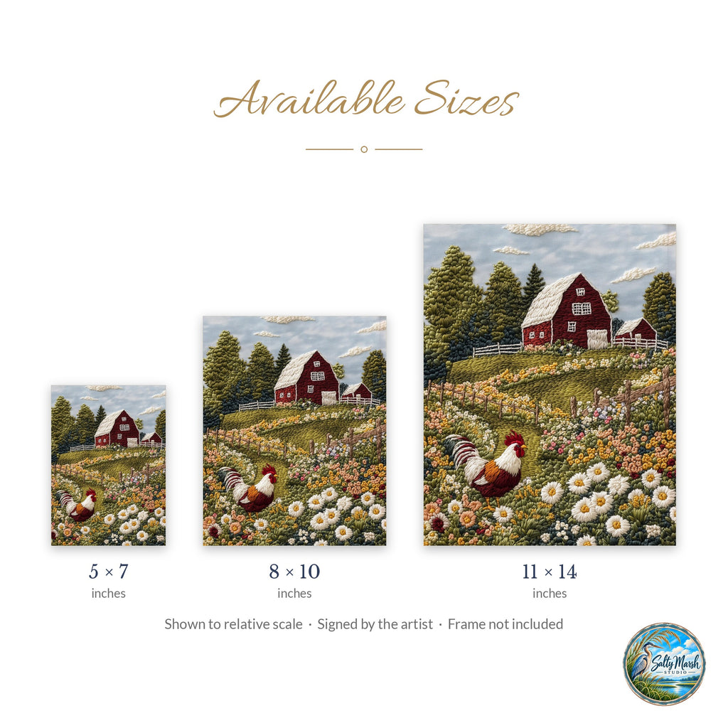 Rooster Farm art print size guide: 5x7, 8x10 and 11x14