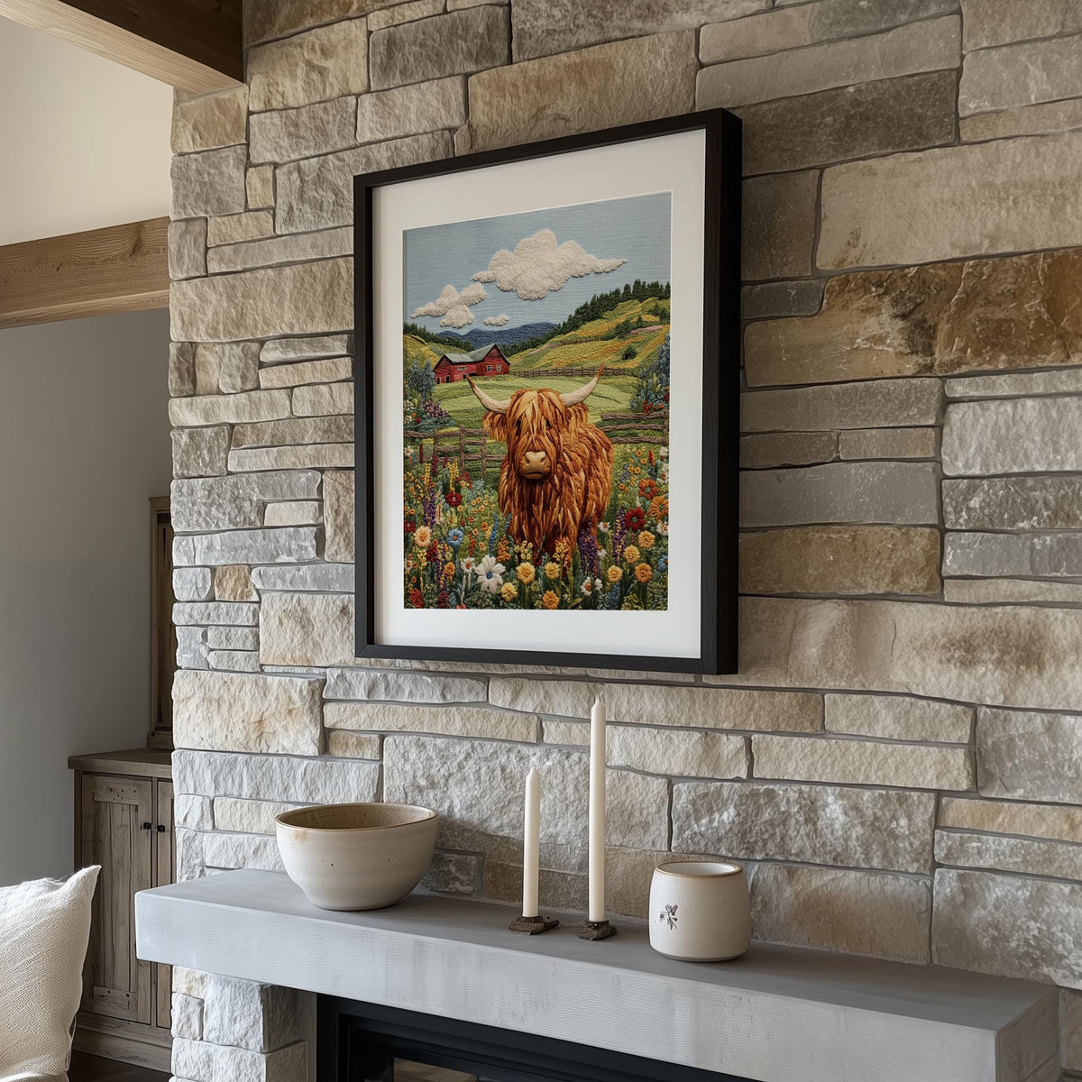Highland Cow animal art print shown in a room setting