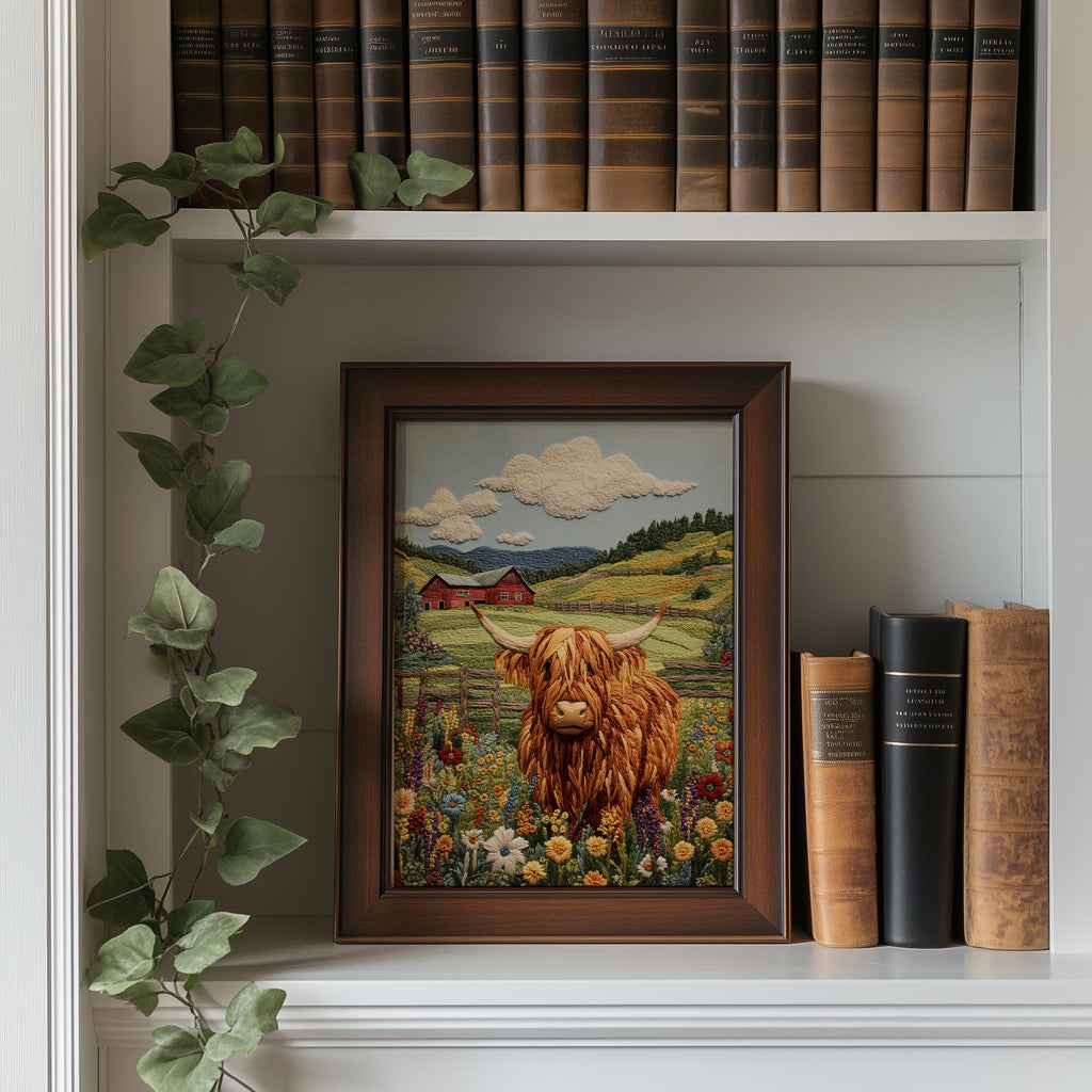 Highland Cow animal art print shown in a room setting