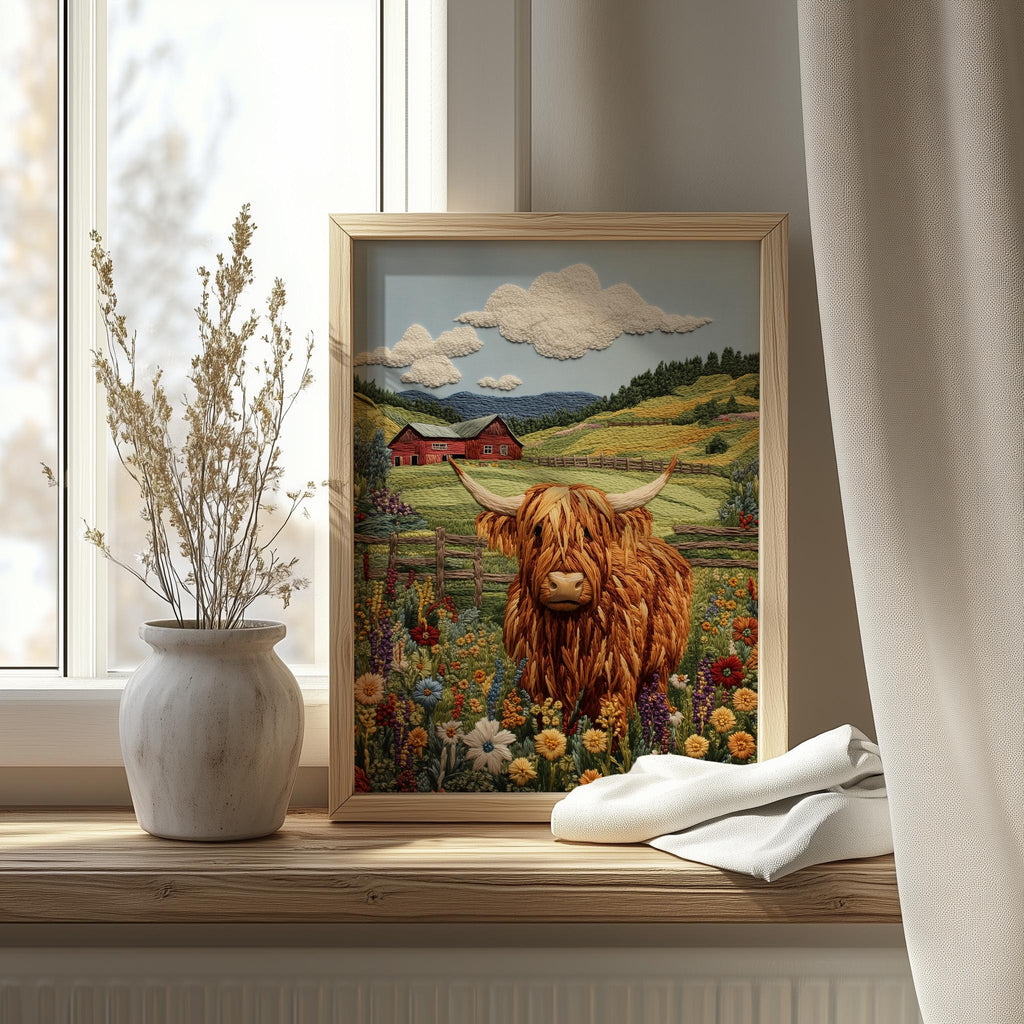 Highland Cow animal art print shown in a room setting