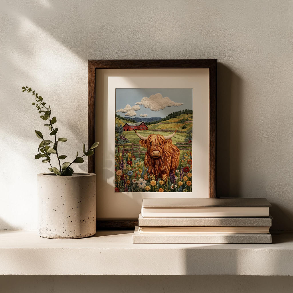 Highland Cow animal art print shown in a room setting