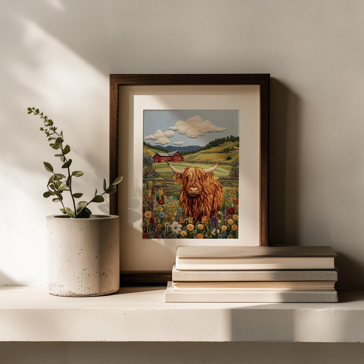 Highland Cow animal art print shown in a room setting