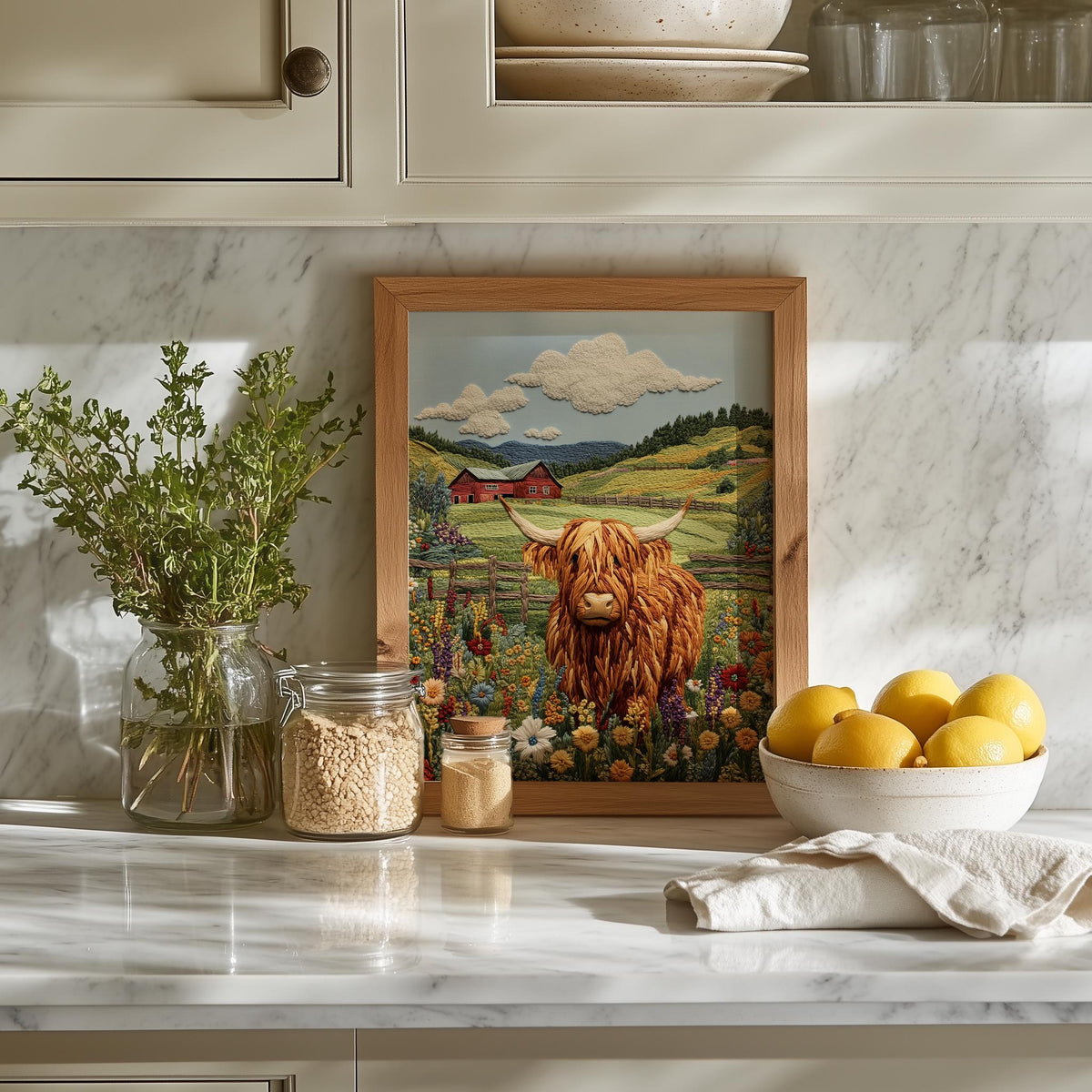 Highland Cow animal art print shown in a room setting