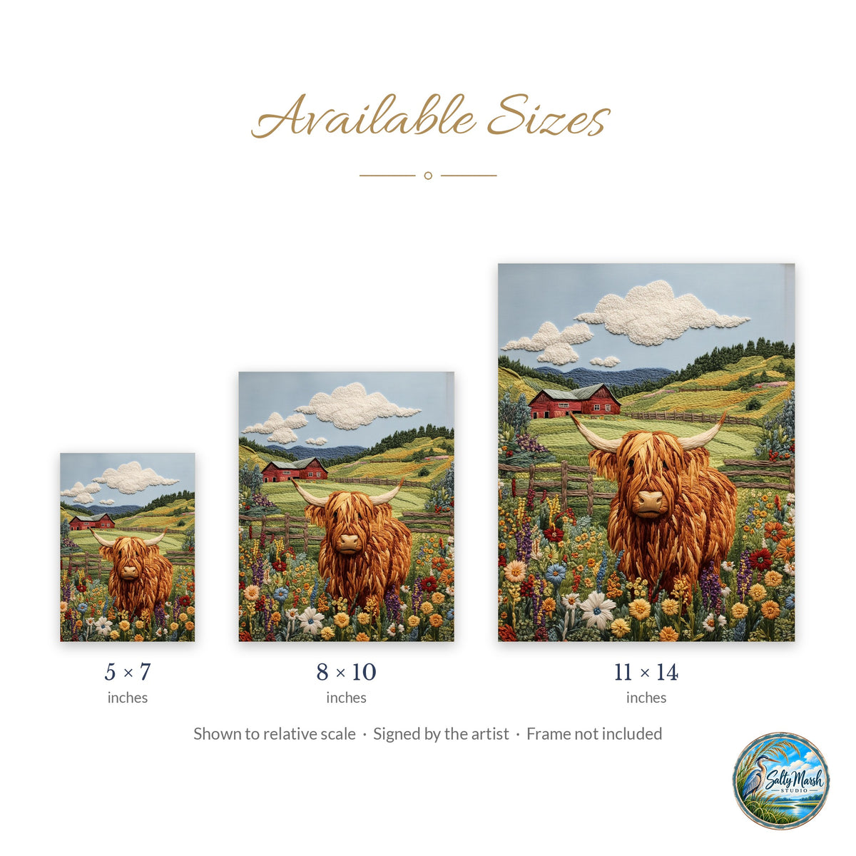 Highland Cow art print size guide: 5x7, 8x10 and 11x14